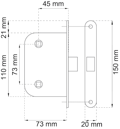 Ritning av låshus med mått: 110x73 mm, 45 mm djup. Detaljerade mått: 21 mm, 73 mm, 73 mm, 20 mm, 150 mm.