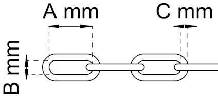 Diagram av en kedjelänk med måtten A mm, B mm och C mm angivna för längd, bredd och diameter.