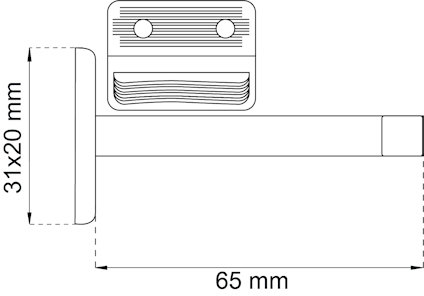 Teknisk ritning av metallbeslag med mått 65 mm och 31x20 mm.