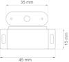 Skiss av en rektangulär komponent med måtten 45 mm x 15 mm och en oval del på toppen, 35 mm bred.