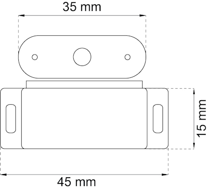 Skiss av en rektangulär komponent med måtten 45 mm x 15 mm och en oval del på toppen, 35 mm bred.