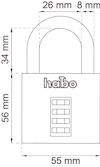 Ritning av ett kombinationslås med mått: 56 mm högt, 55 mm brett. Bygeln är 26 mm bred och 34 mm hög. Texten "habo" syns.