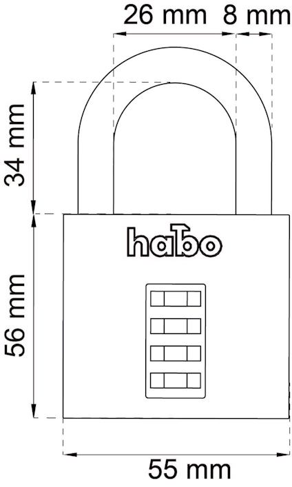 Ritning av ett kombinationslås med mått: 56 mm högt, 55 mm brett. Bygeln är 26 mm bred och 34 mm hög. Texten "habo" syns.