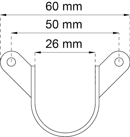 Svartvit illustration av ett beslag med måtten 60 mm, 50 mm och 26 mm angivna.