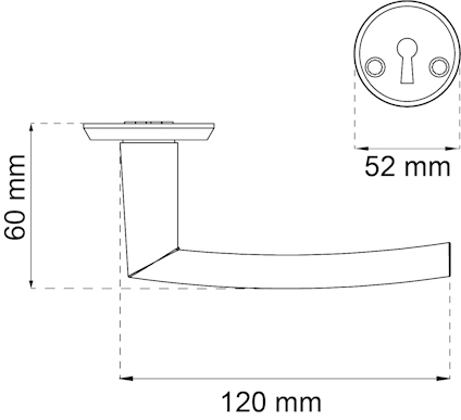 Ritning av dörrhandtag med nyckelskylt, mått 60 mm, 120 mm och 52 mm markerade.