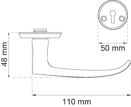 Ritning av ett dörrhandtag med mått: 48 mm och 110 mm. Nyckelhålsplatta med 50 mm diameter.