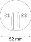 Diagram av en rund komponent med två hål och en central vridknapp, markerad med “52 mm” under.