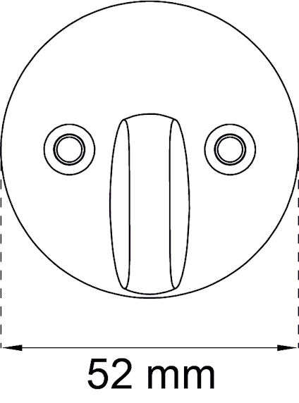 Diagram av en rund komponent med två hål och en central vridknapp, markerad med “52 mm” under.