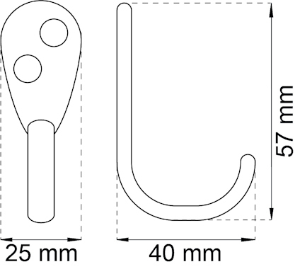 Illustration av dimensionsritningar för en krok med måtten 25×40×57 mm.