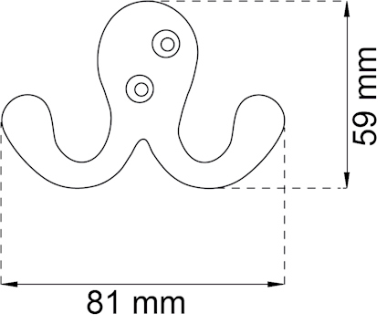 Svartvit ritning av en dubbel krok med dimensioner: 81 mm bred och 59 mm hög.