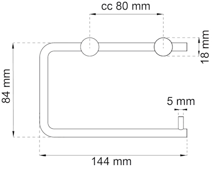 Ritning av en handdukshållare med mått: 144 mm bred, 84 mm hög. Avstånd cc 80 mm, stångens diameter 18 mm, fäste 5 mm.