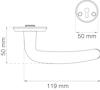 Illustration av dörrhandtag med mått: 50 mm höjd, 119 mm längd; nyckelhålsrosett 50 mm diameter.