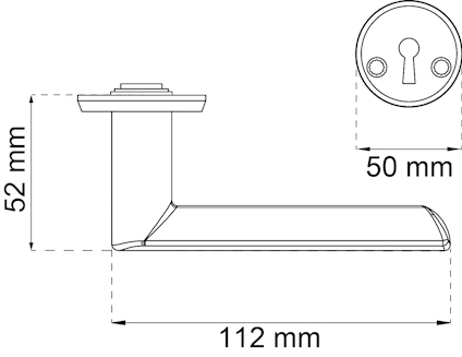 Ritning av en dörrhandtagssats med angivna mått: 52 mm, 50 mm, 112 mm.