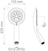 Ritning av en duschhandtag med dimensioner: 110 mm bred, 235 mm lång, 62° vinkel. Anslutning: G1/2 (R15).
