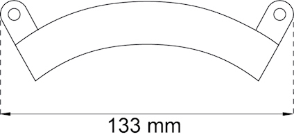 Rak linjeteckning av en böjd plåt med två hål, mått 133 mm.