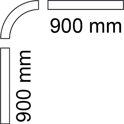 L-formad vinkel med två linjer, båda 900 mm långa, vinkelrätt mot varandra.