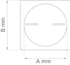 Ritning av en kvadratisk platta med måtten A mm x B mm och två parallella spår på en cirkel.