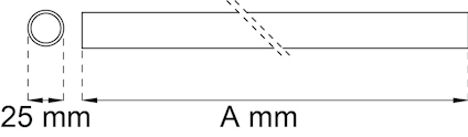 Diagram av ett rör med en diameter på 25 mm och längden markerad som A mm. Visas i två vyer: sidovy och ändvy.