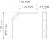 Ritning av metallfäste med måtten 150x150x34 mm och 120 mm hylla.