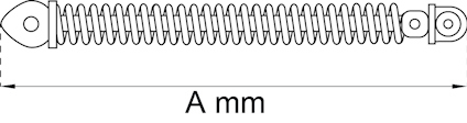 Svartvit ritning av en spiralfjäder med fästen på båda sidor, markerad längd "A mm".