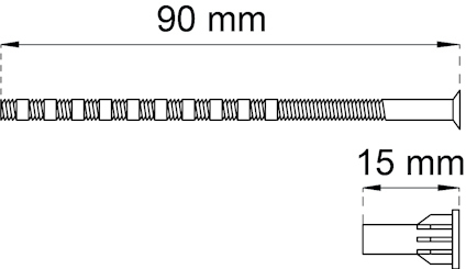En skiss av en skruv med längden 90 mm och diametern 15 mm.