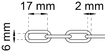 Ritning av kedjelänk med dimensionerna 17 mm längd, 6 mm bredd och 2 mm tjocklek.