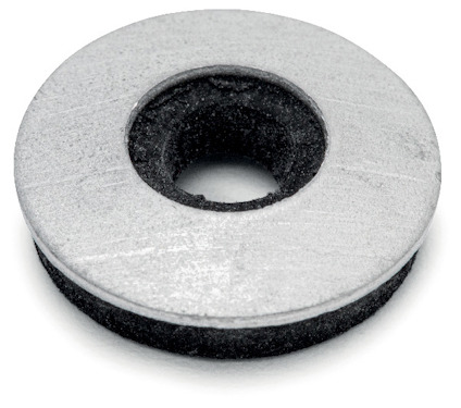 Rund bricka av metall med svart EPDM-gummipackning och ett centralt hål.