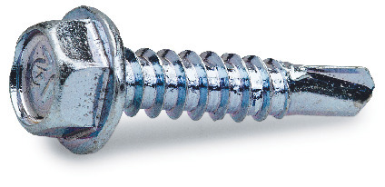 Metallisk borrskruv med sexkantskalle och gängor, silverfärgad.