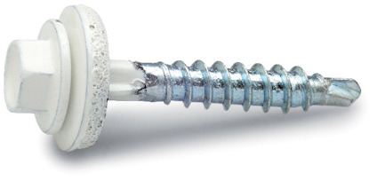 Vit farmarskruv med sexkantskalle, bricka och gängad kropp.