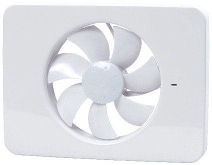 Vit ventilationfläkt med cirkulära blad integrerade i en fyrkantig ram.