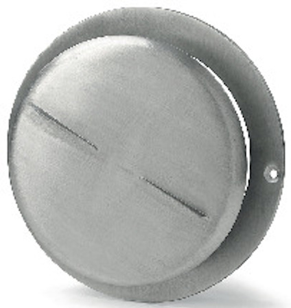 Tallriksformad ventildel i borstat aluminium med två vertikala skåror och en sidohålsdesign för montering.