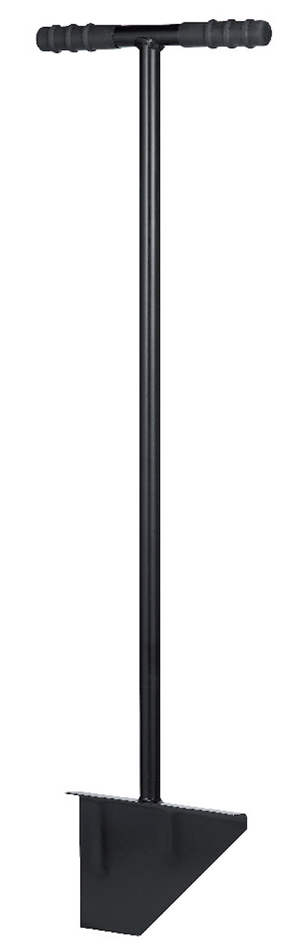 Svart kantredskap med T-handtag och triangelformat skärblad.