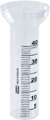 Transparent mätglas med graderingar i millimeter från 5 till 40. Märkt "JUBELI MÜNSTERMANN".