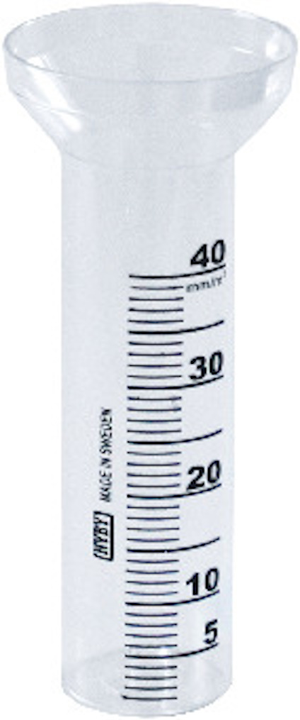 Transparent mätglas med graderingar i millimeter från 5 till 40. Märkt "JUBELI MÜNSTERMANN".