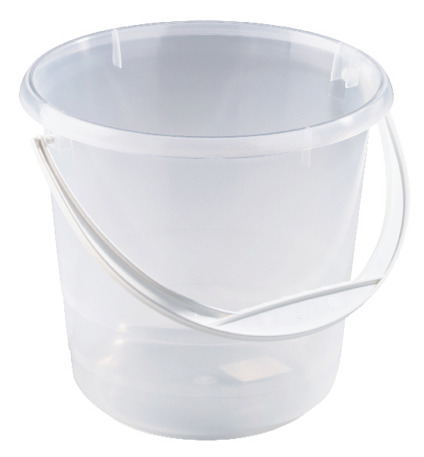Transparent plastbehållare med bärhandtag.