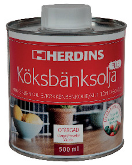 Röd burk med texten "Herdins Köksbänksolja Plus", "Ofärgad", och "500 ml".