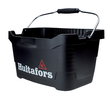 Svart verktygshink med metallhandtag och texten "Hultafors" i vitt.