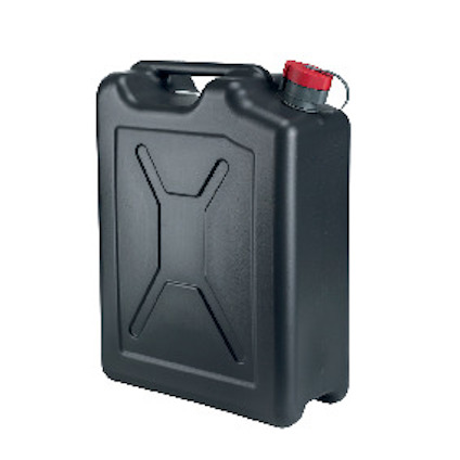 Svart plastdunk med handtag och röd skruvkork, designad med ett x-format mönster på sidan.