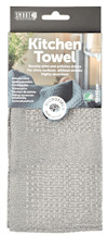 Grå kökshandduk i paket med etiketttext: "Kitchen Towel", "Highly absorbent", "MICROFIBRE".