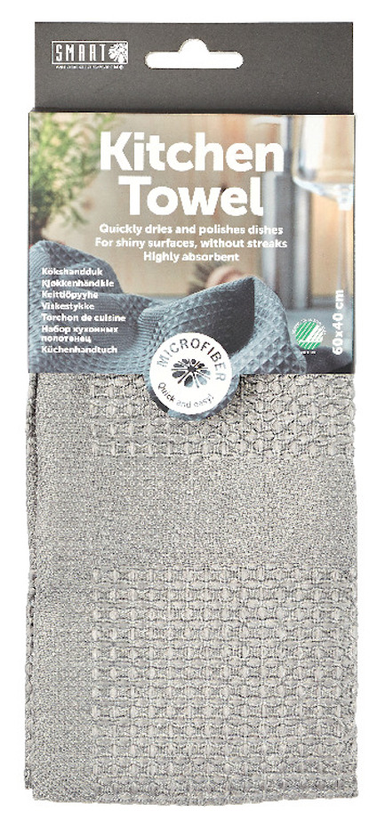 Grå kökshandduk i paket med etiketttext: "Kitchen Towel", "Highly absorbent", "MICROFIBRE".