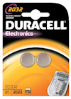 Förpackning med två runda knappcellsbatterier, märkt Duracell Electronics, 2032.