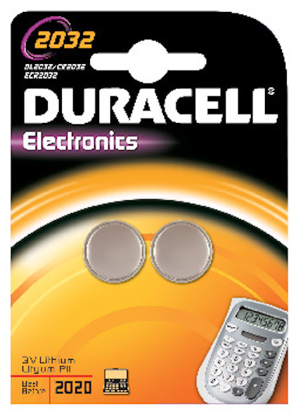 Förpackning med två runda knappcellsbatterier, märkt Duracell Electronics, 2032.