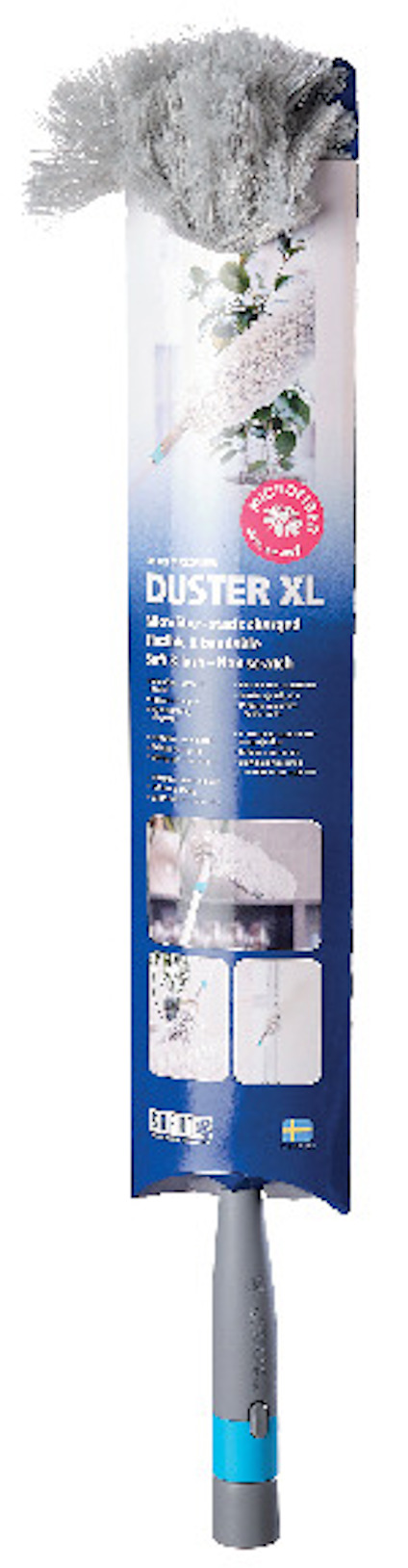 Dammvippa i grått med ett handtag och förpackning som visar produktbilder och texten "Duster XL".
