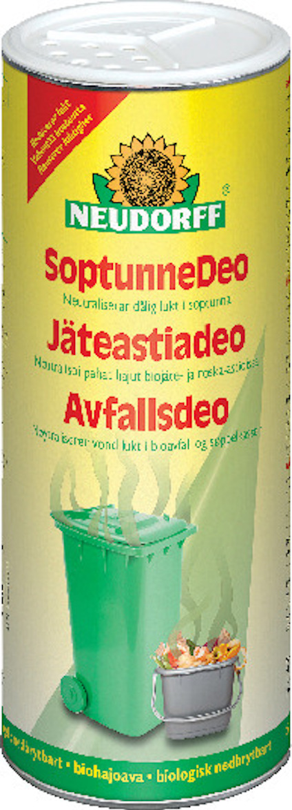Cylindrisk förpackning av Neudorff SoptunneDeo med illustration av en grön soptunna och text på flera språk.