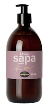 Brun flaska med pump, etikett med texten "linolje såpa jasmin" och "0,5 liter".