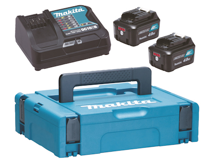 Makita powerpack med laddare DC10SB och två 4.0 Ah batterier.