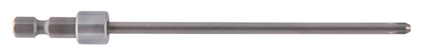 Metallisk borrförlängare med sexkantigt fäste och lång smal axel.