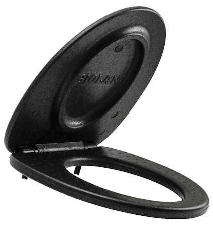 Svart toalettlock med gångjärn, märkt "BIOLAN", utformat för att fästas på en toalettsits.