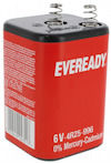 Rött batteri med texten "EVEREADY", återfjädrande kontaktfjädrar och etikett som säger "6V, 4R25-996, 0% Mercury-Cadmium".
