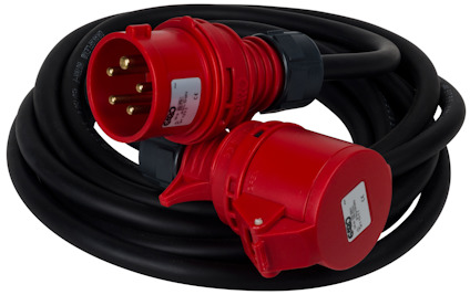 Röd trestiftskontakt och mottagare med svart kabel hopringlad.